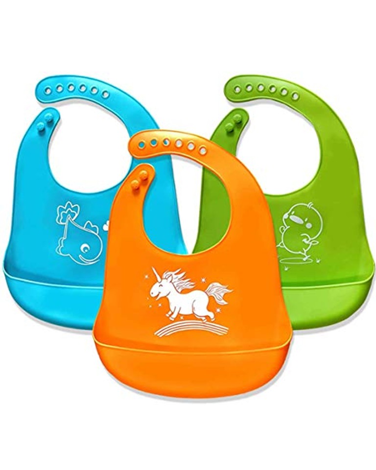 Three silicone bibs in blue, green, and orange colors with cute animal designs on them, displayed against a white background.